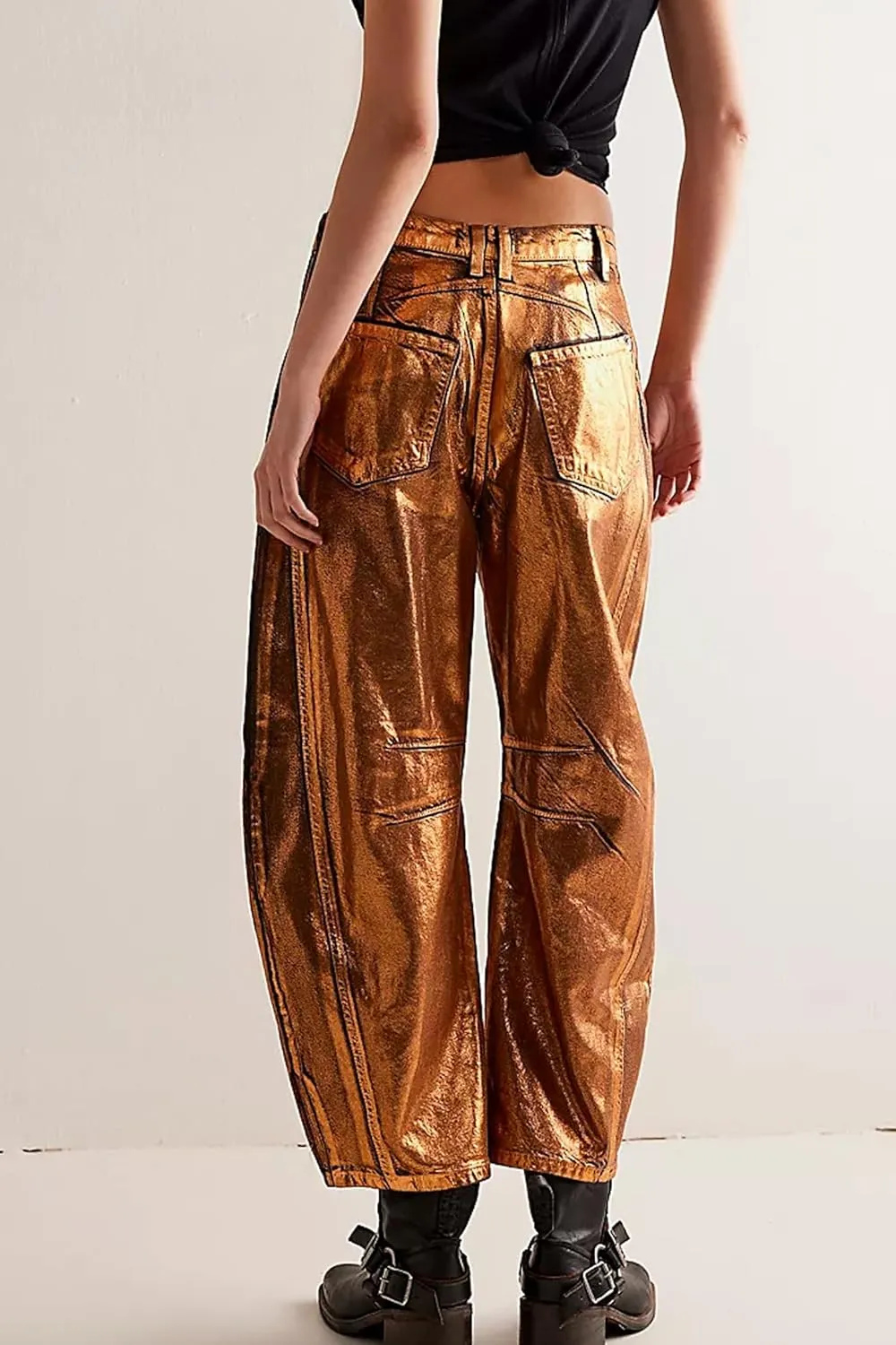 Kedera Women's Shiny Metallic Barrel Jeans - Straight Wide Leg Glitter Denim Pants - Y2K Disco Horseshoe Trousers