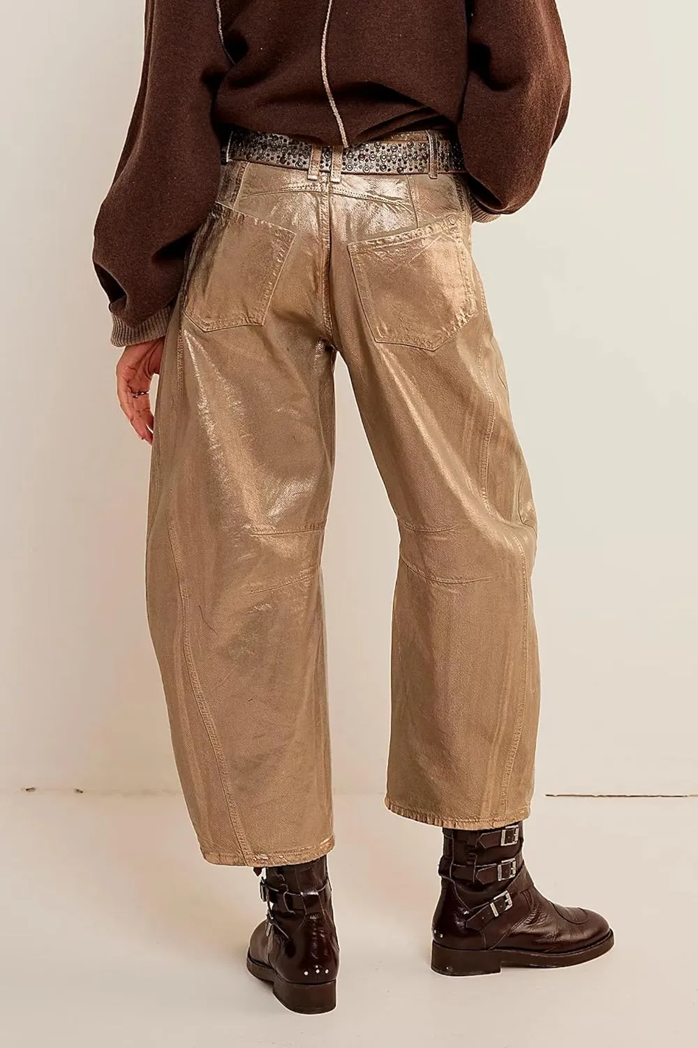Kedera Women's Shiny Metallic Barrel Jeans - Straight Wide Leg Glitter Denim Pants - Y2K Disco Horseshoe Trousers