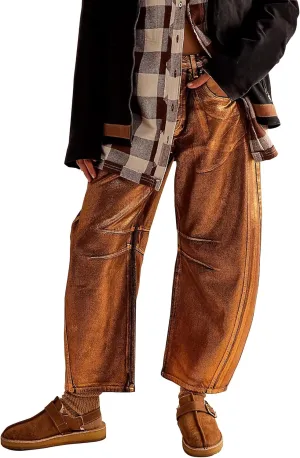 Kedera Women's Shiny Metallic Barrel Jeans - Straight Wide Leg Glitter Denim Pants - Y2K Disco Horseshoe Trousers