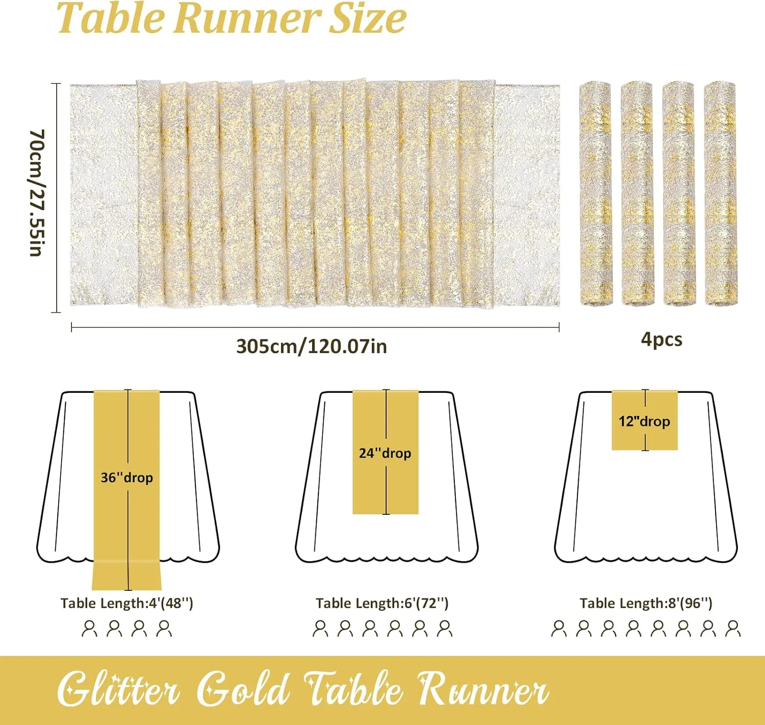 KesaPlan 4 PCS Sheer Gold Table Runner, 27*120 Inches Glitter Table Runner Gold Sheer Chiffon Table Runner for Table Decoration, Boho Table Runner Sequin Gauze Table Runner for Wedding Birthday Party
