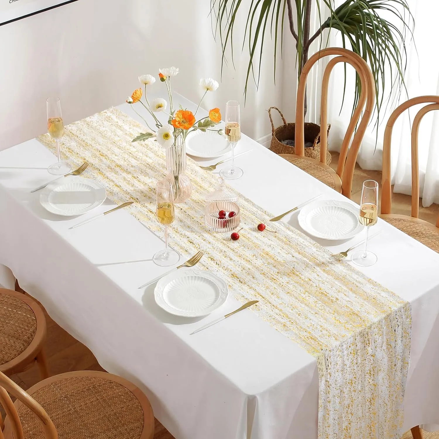 KesaPlan 4 PCS Sheer Gold Table Runner, 27*120 Inches Glitter Table Runner Gold Sheer Chiffon Table Runner for Table Decoration, Boho Table Runner Sequin Gauze Table Runner for Wedding Birthday Party