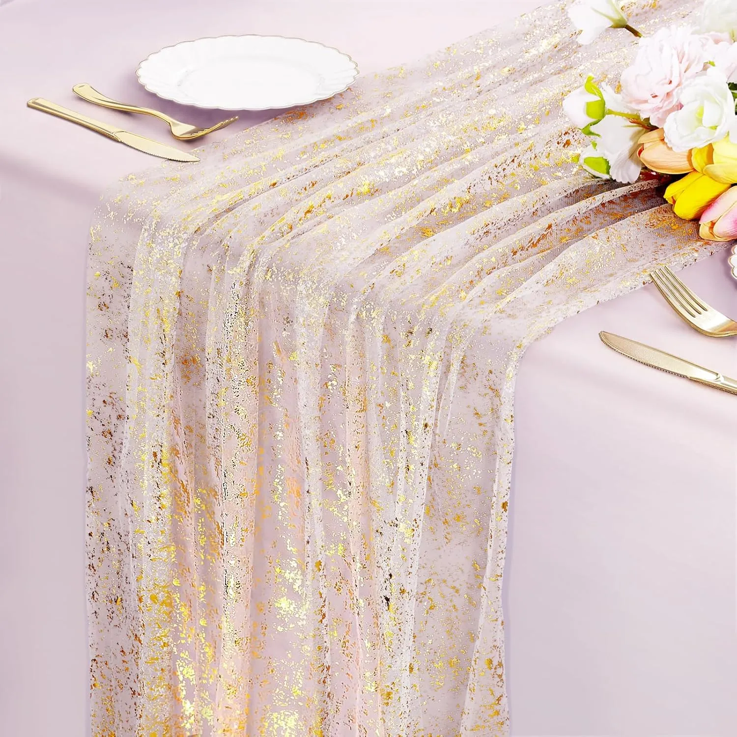 KesaPlan 4 PCS Sheer Gold Table Runner, 27*120 Inches Glitter Table Runner Gold Sheer Chiffon Table Runner for Table Decoration, Boho Table Runner Sequin Gauze Table Runner for Wedding Birthday Party