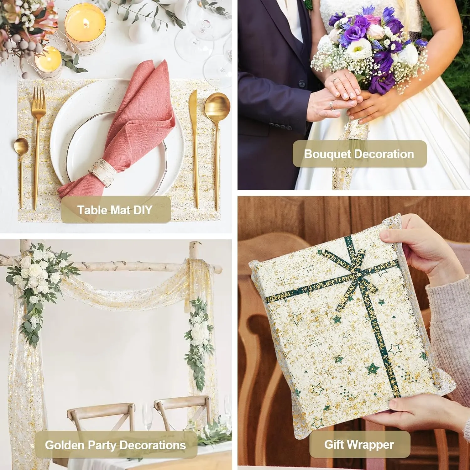 KesaPlan 4 PCS Sheer Gold Table Runner, 27*120 Inches Glitter Table Runner Gold Sheer Chiffon Table Runner for Table Decoration, Boho Table Runner Sequin Gauze Table Runner for Wedding Birthday Party