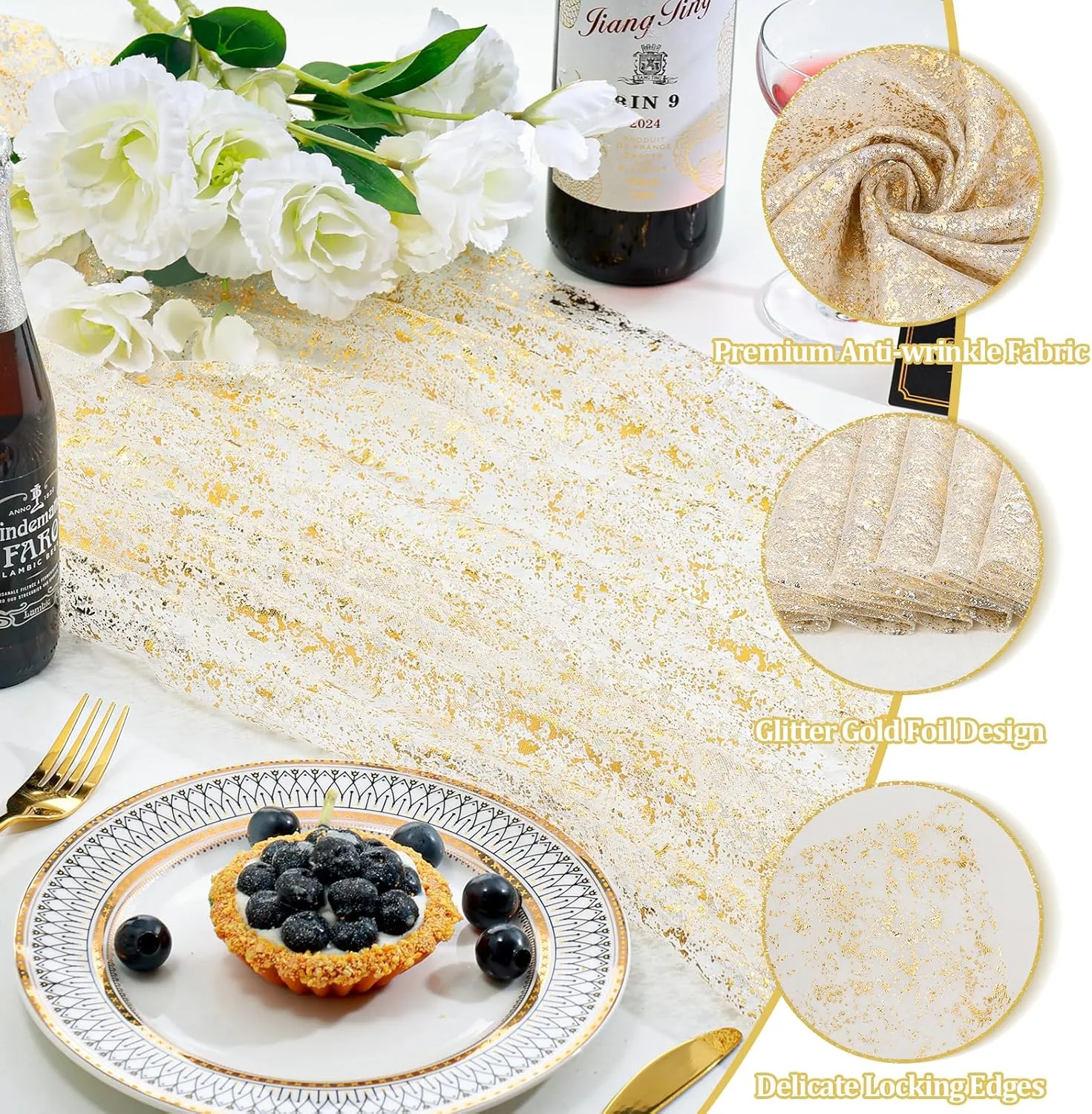KesaPlan 4 PCS Sheer Gold Table Runner, 27*120 Inches Glitter Table Runner Gold Sheer Chiffon Table Runner for Table Decoration, Boho Table Runner Sequin Gauze Table Runner for Wedding Birthday Party