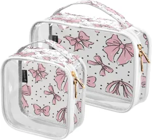 Kigai Pink Bow Makeup Bags for Women and Girls Waterproof Portable Cosmetic Bag Clear Toiletry Bag with Zipper & Handle Travel Accessories Organizer, 2 Pack