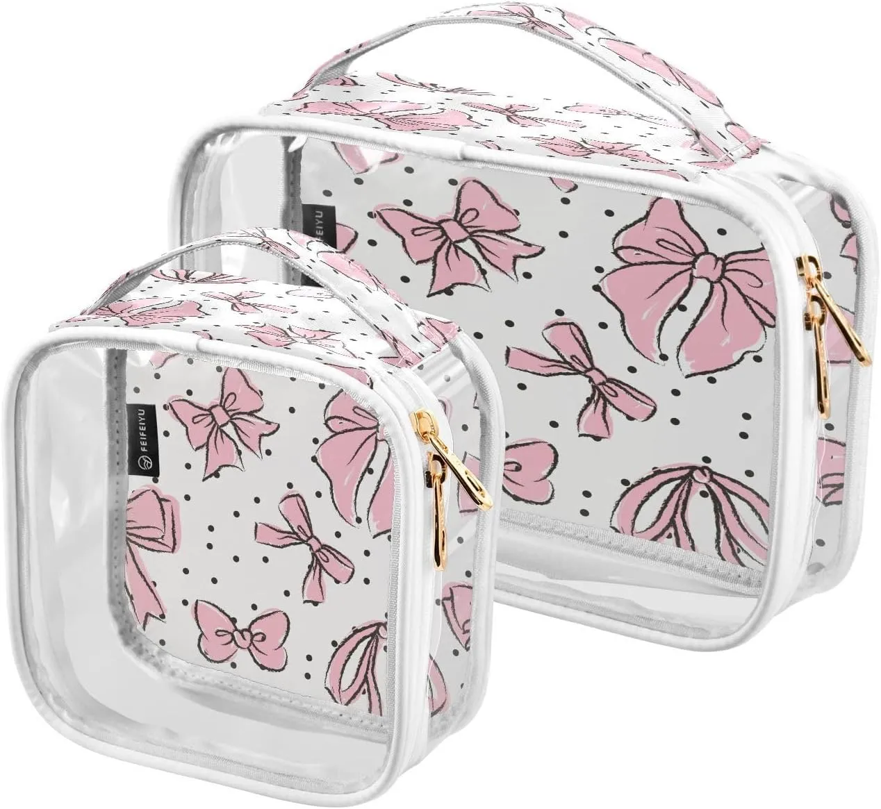 Kigai Pink Bow Makeup Bags for Women and Girls Waterproof Portable Cosmetic Bag Clear Toiletry Bag with Zipper & Handle Travel Accessories Organizer, 2 Pack