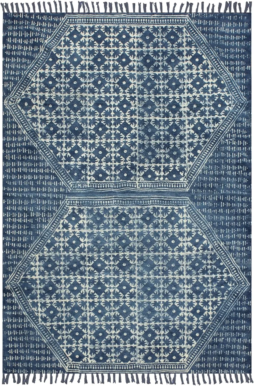 Kilim Rug 10x14 Area Rug Blue & Beige Cotton Dhurrie Geometric Thick 0.19 inches Stone Easy Washable Rug Hand Wash Cotton Carpet Flatweave Rug Indoor Outdoor Rugs for Living Room, Bedroom