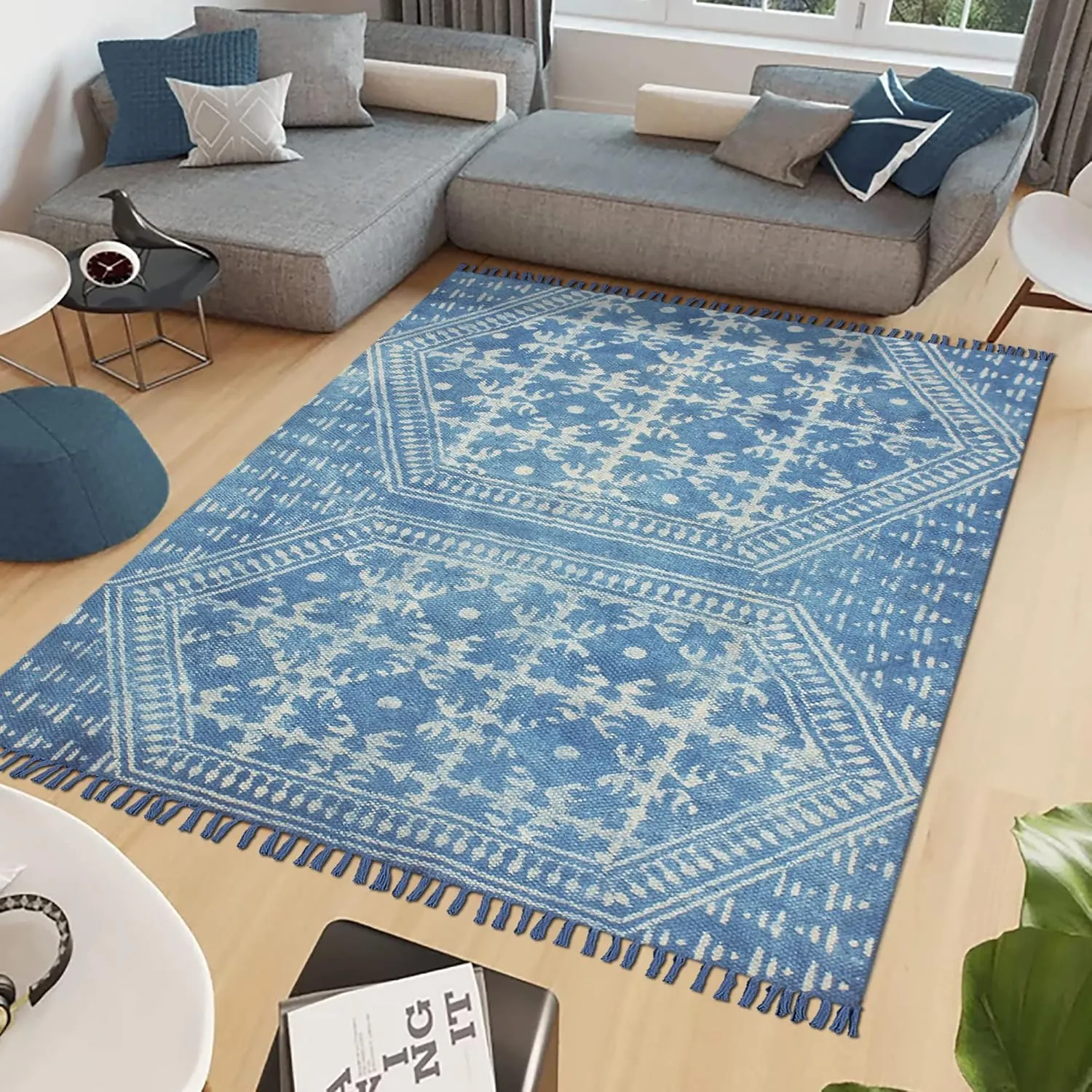 Kilim Rug 10x14 Area Rug Blue & Beige Cotton Dhurrie Geometric Thick 0.19 inches Stone Easy Washable Rug Hand Wash Cotton Carpet Flatweave Rug Indoor Outdoor Rugs for Living Room, Bedroom