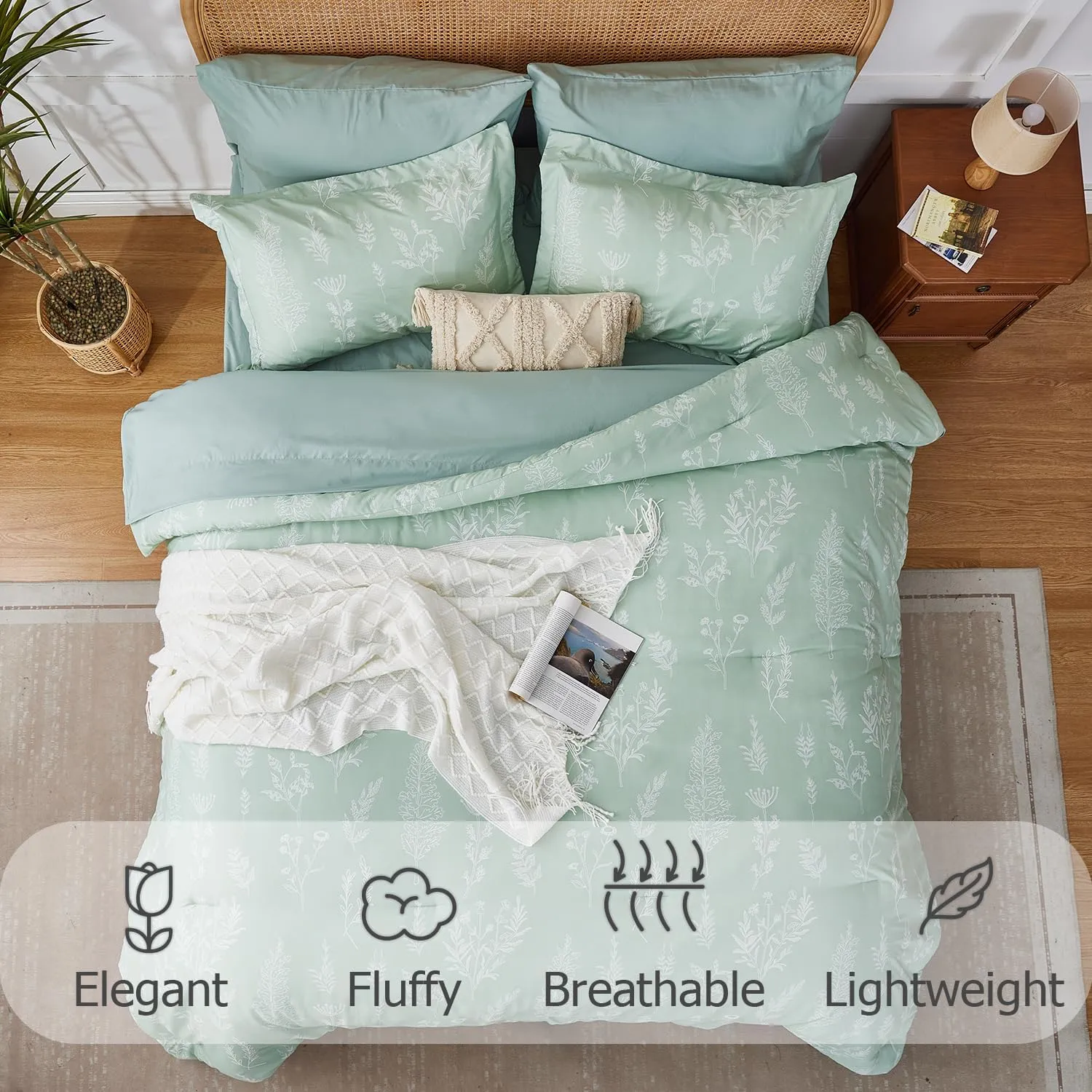 King Size Comforter Set 7 Pieces, Sage Green, Cute Floral Bed in a Bag King Boho, Soft Fluffy Bedding Sets with Comforter, Sheets, Pillowcases & Shams, All Seasons