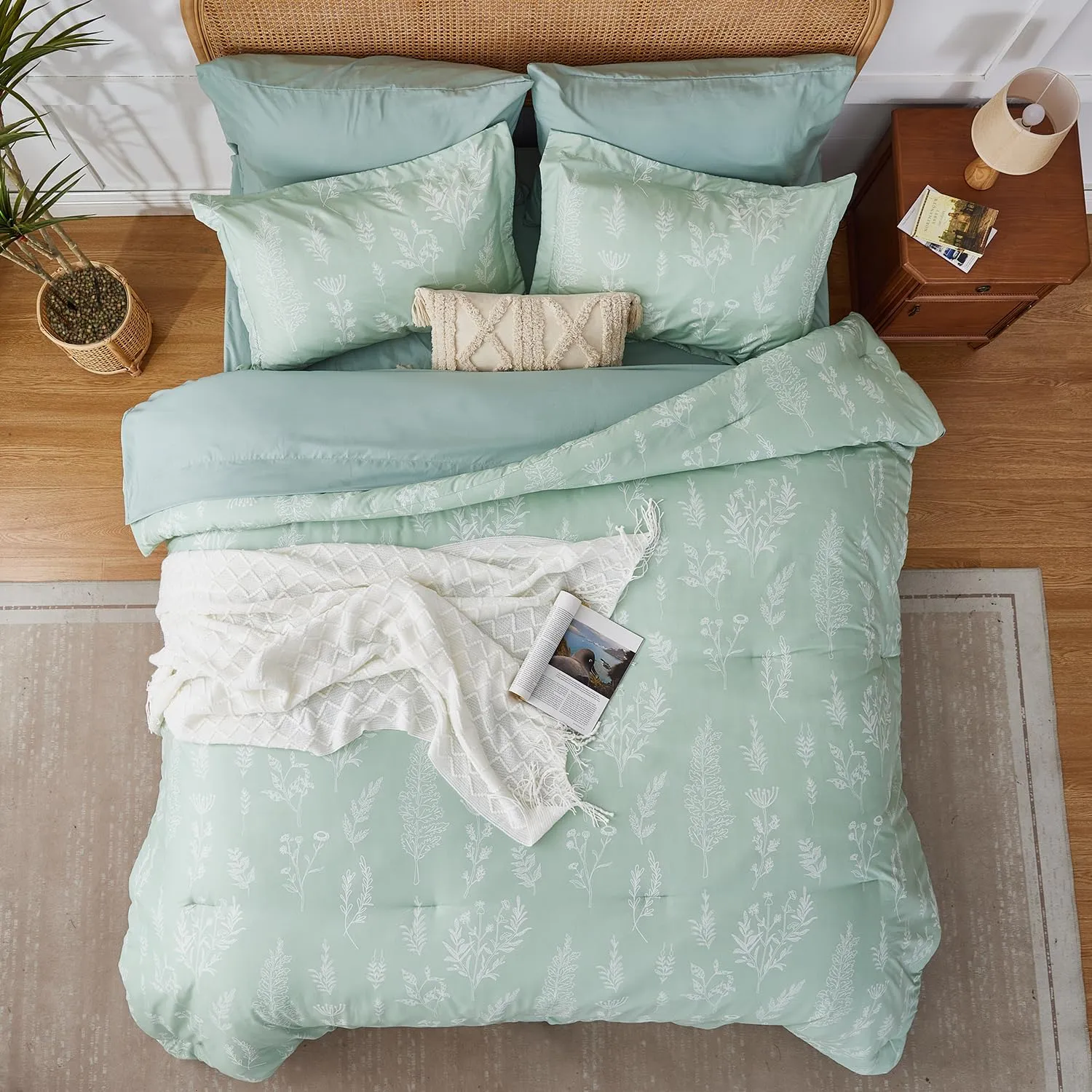 King Size Comforter Set 7 Pieces, Sage Green, Cute Floral Bed in a Bag King Boho, Soft Fluffy Bedding Sets with Comforter, Sheets, Pillowcases & Shams, All Seasons