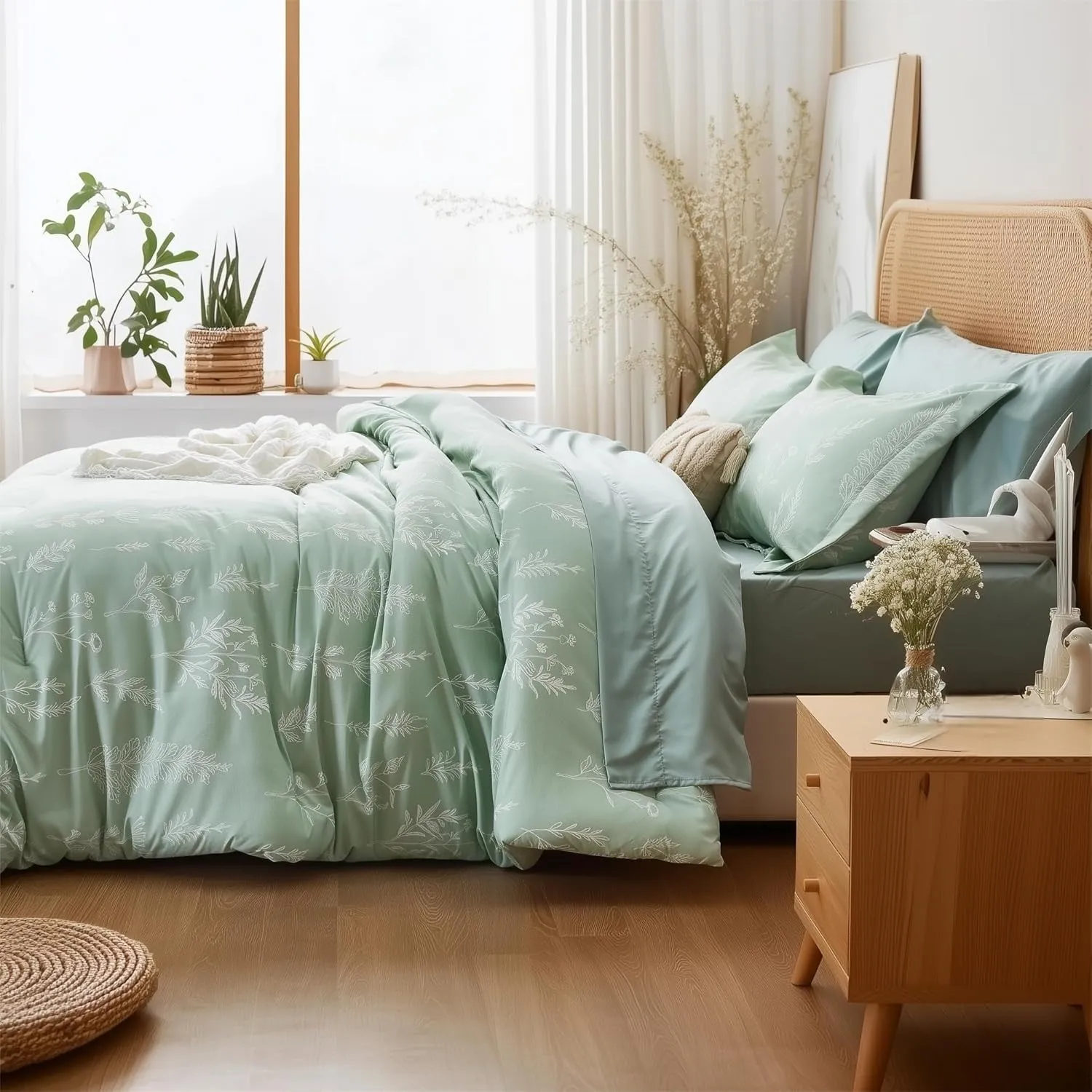King Size Comforter Set 7 Pieces, Sage Green, Cute Floral Bed in a Bag King Boho, Soft Fluffy Bedding Sets with Comforter, Sheets, Pillowcases & Shams, All Seasons