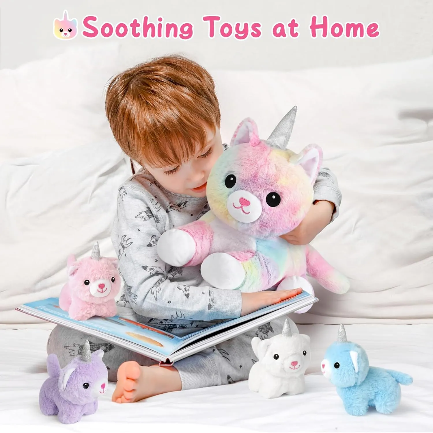 KMUYSL Plush Unicorn Kitty Toys for Girls Ages 3 4 5 6 7 8  Year - Cat Mommy Stuffed Animal with 4 Baby Kitties in Her Tummy, Animal Stuffed Toys Set, Christmas Valentines Birthday Gifts for Girls