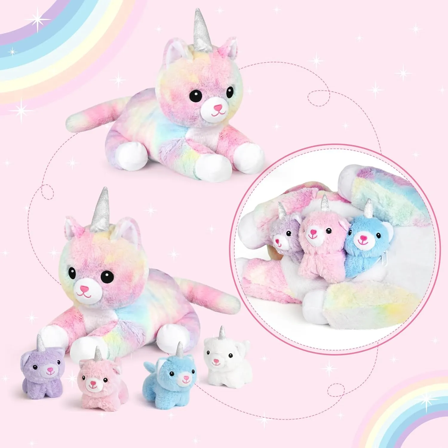 KMUYSL Plush Unicorn Kitty Toys for Girls Ages 3 4 5 6 7 8  Year - Cat Mommy Stuffed Animal with 4 Baby Kitties in Her Tummy, Animal Stuffed Toys Set, Christmas Valentines Birthday Gifts for Girls