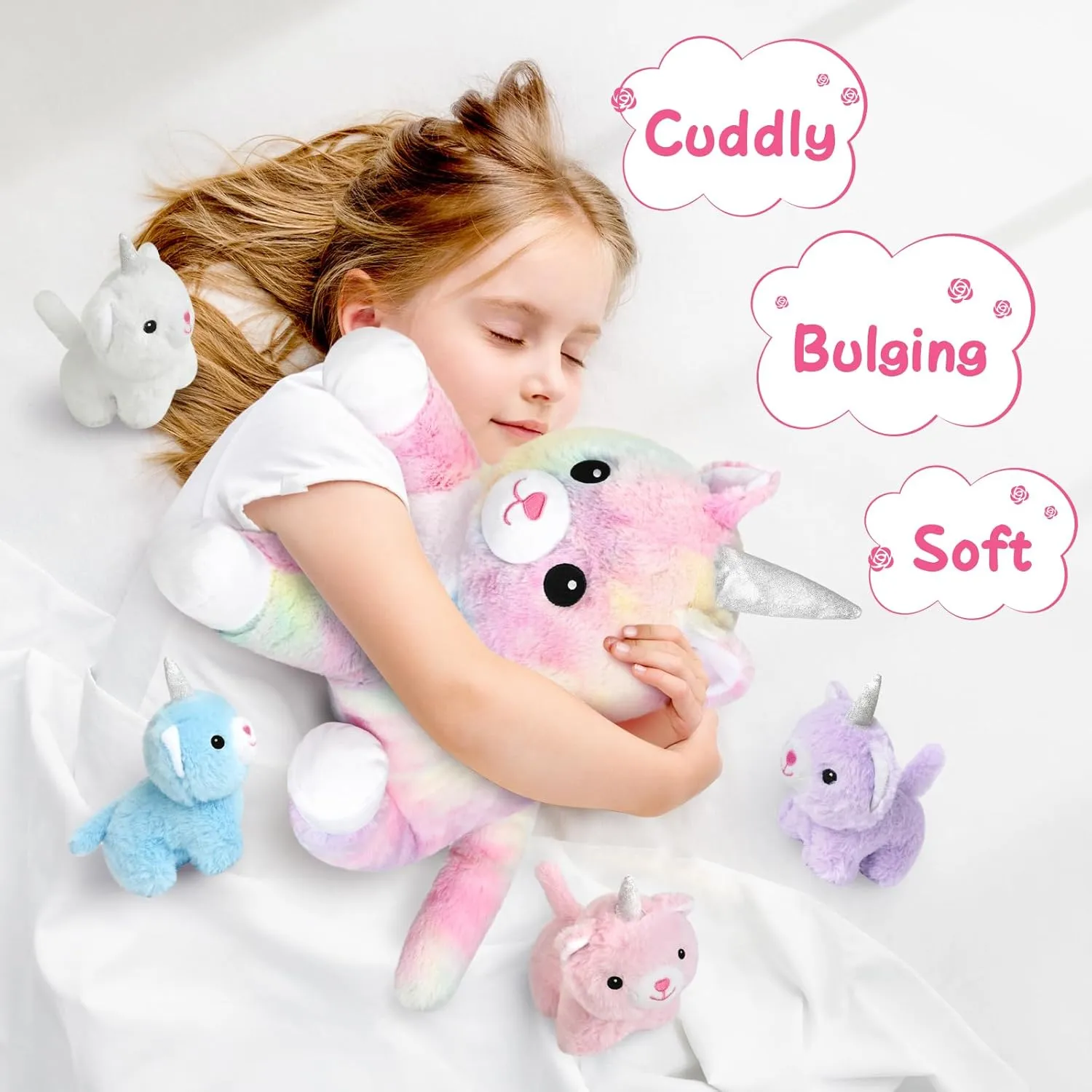 KMUYSL Plush Unicorn Kitty Toys for Girls Ages 3 4 5 6 7 8  Year - Cat Mommy Stuffed Animal with 4 Baby Kitties in Her Tummy, Animal Stuffed Toys Set, Christmas Valentines Birthday Gifts for Girls
