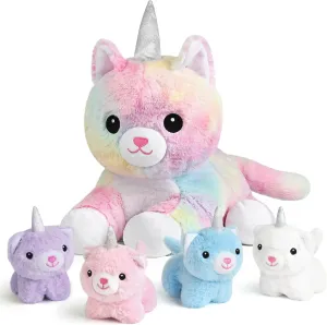 KMUYSL Plush Unicorn Kitty Toys for Girls Ages 3 4 5 6 7 8  Year - Cat Mommy Stuffed Animal with 4 Baby Kitties in Her Tummy, Animal Stuffed Toys Set, Christmas Valentines Birthday Gifts for Girls