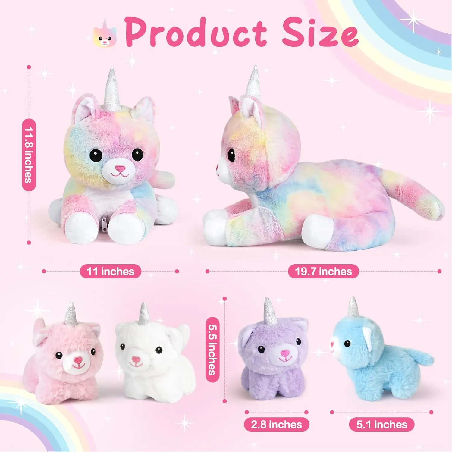 KMUYSL Plush Unicorn Kitty Toys for Girls Ages 3 4 5 6 7 8  Year - Cat Mommy Stuffed Animal with 4 Baby Kitties in Her Tummy, Animal Stuffed Toys Set, Christmas Valentines Birthday Gifts for Girls
