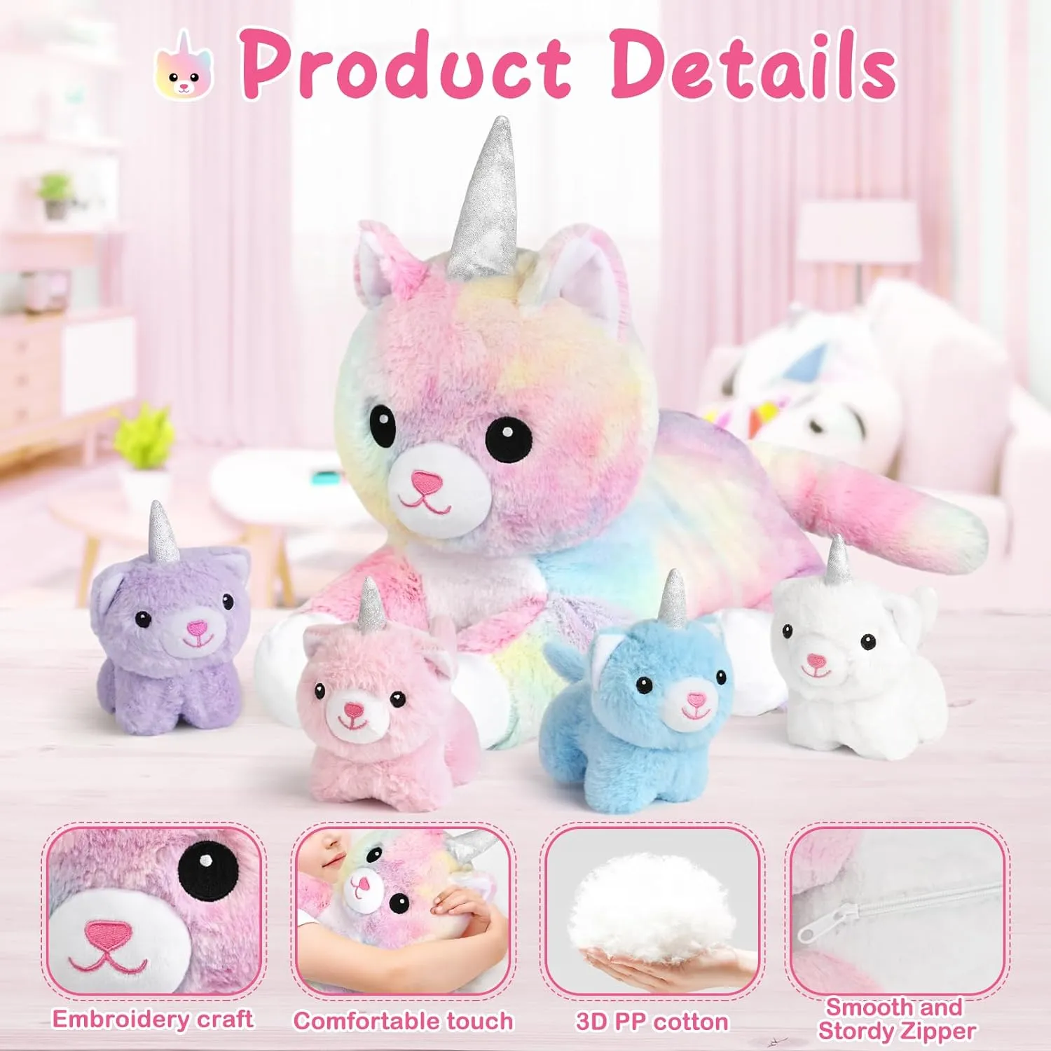 KMUYSL Plush Unicorn Kitty Toys for Girls Ages 3 4 5 6 7 8  Year - Cat Mommy Stuffed Animal with 4 Baby Kitties in Her Tummy, Animal Stuffed Toys Set, Christmas Valentines Birthday Gifts for Girls