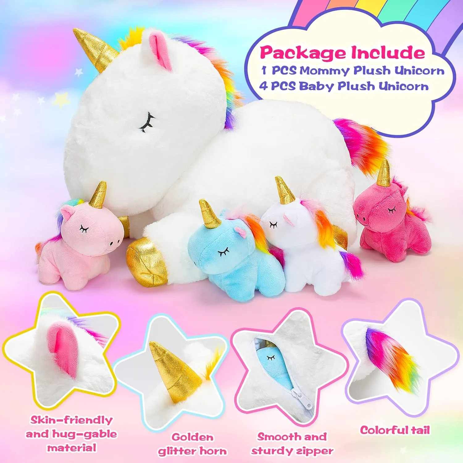 KMUYSL Toys for Girls Ages 3 4 5 6 7 8  Years - Unicorn Mommy Stuffed Animal with 4 Baby Unicorns in Her Tummy, Soft Unicorn Plush Toys Set, Christmas Birthday Gifts for Baby, Toddler, Kids