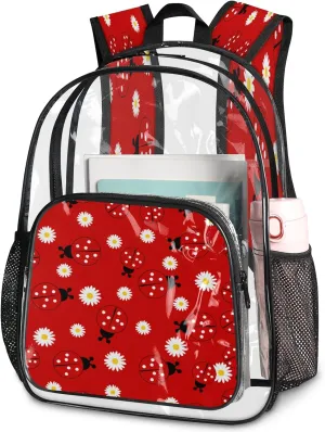 KOBLEN Daisy Red Bugs 17.1 Inch Clear Backpack, Heavy Duty Transparent PVC Daypack with Adjustable Padded Straps, Large Capacity Clear Bag for Festival, Concerts, Travel