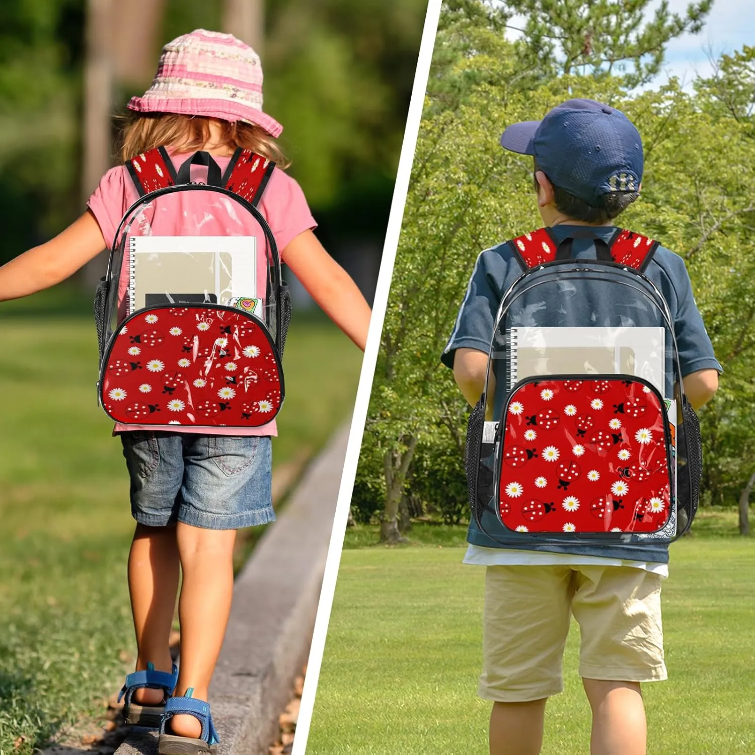 KOBLEN Daisy Red Bugs 17.1 Inch Clear Backpack, Heavy Duty Transparent PVC Daypack with Adjustable Padded Straps, Large Capacity Clear Bag for Festival, Concerts, Travel