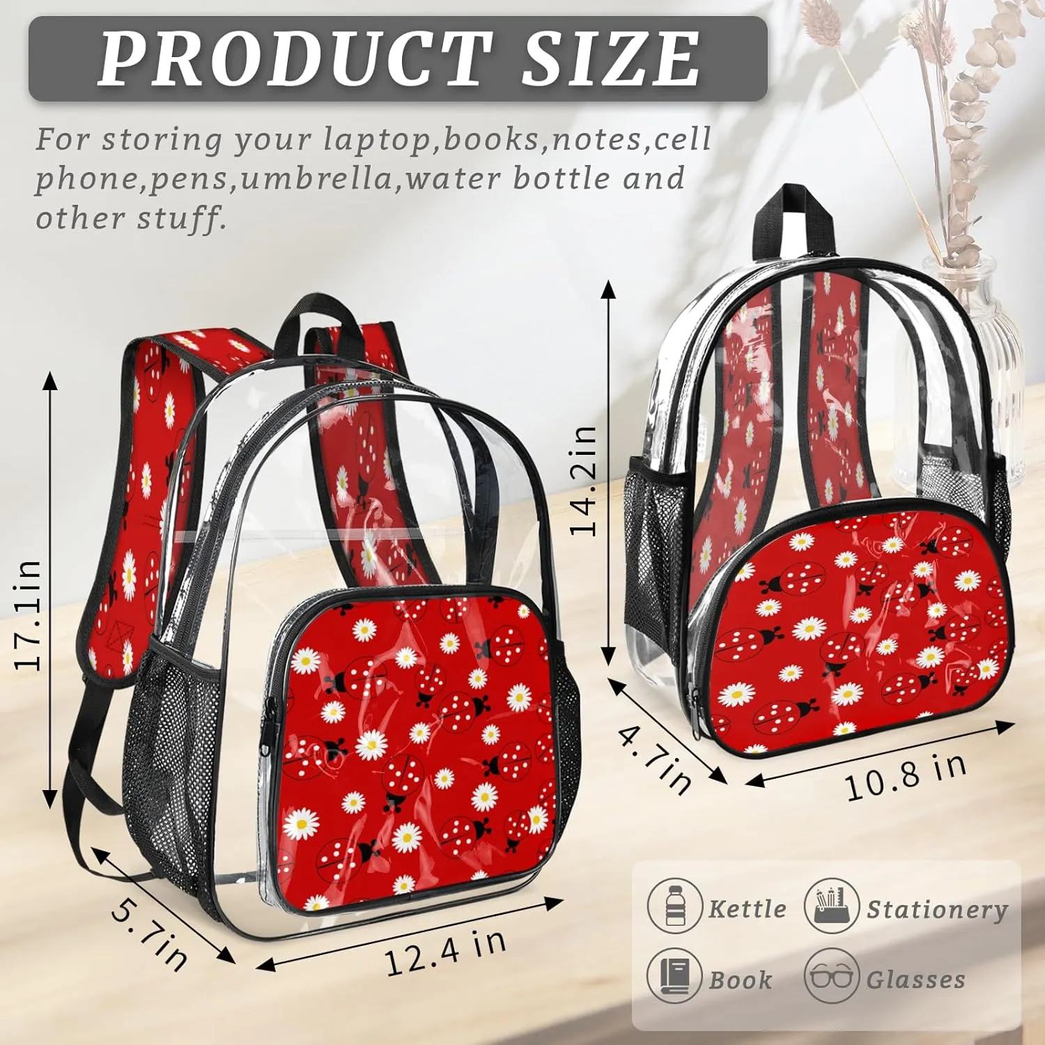 KOBLEN Daisy Red Bugs 17.1 Inch Clear Backpack, Heavy Duty Transparent PVC Daypack with Adjustable Padded Straps, Large Capacity Clear Bag for Festival, Concerts, Travel