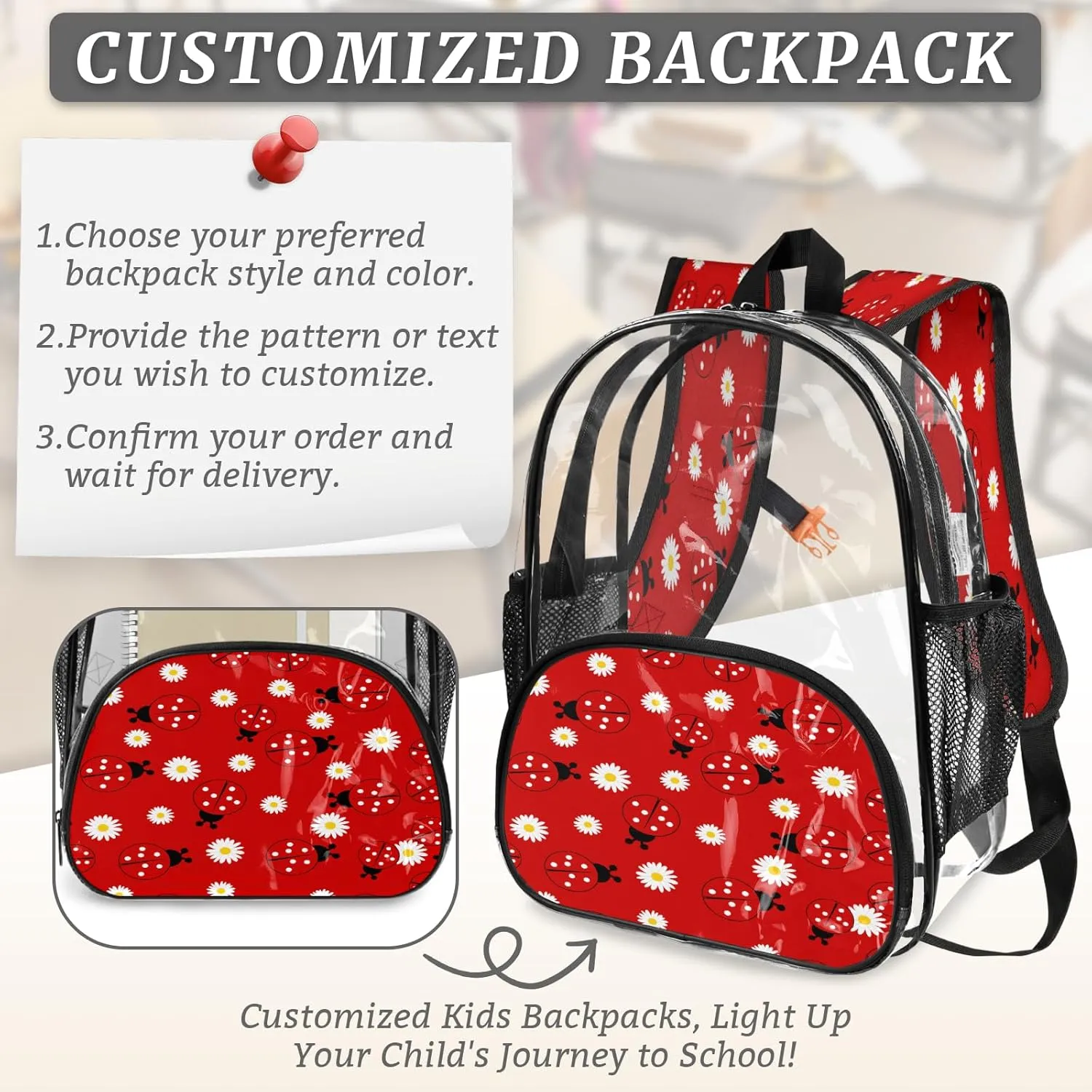 KOBLEN Daisy Red Bugs 17.1 Inch Clear Backpack, Heavy Duty Transparent PVC Daypack with Adjustable Padded Straps, Large Capacity Clear Bag for Festival, Concerts, Travel