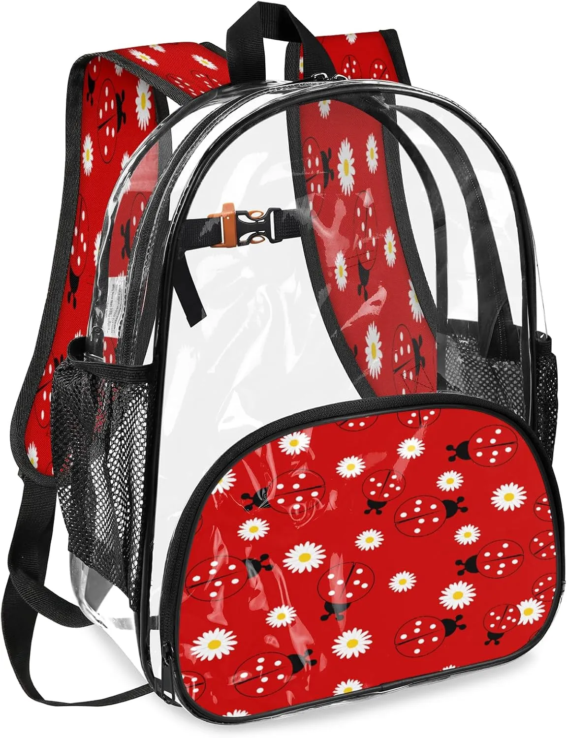 KOBLEN Daisy Red Bugs 17.1 Inch Clear Backpack, Heavy Duty Transparent PVC Daypack with Adjustable Padded Straps, Large Capacity Clear Bag for Festival, Concerts, Travel