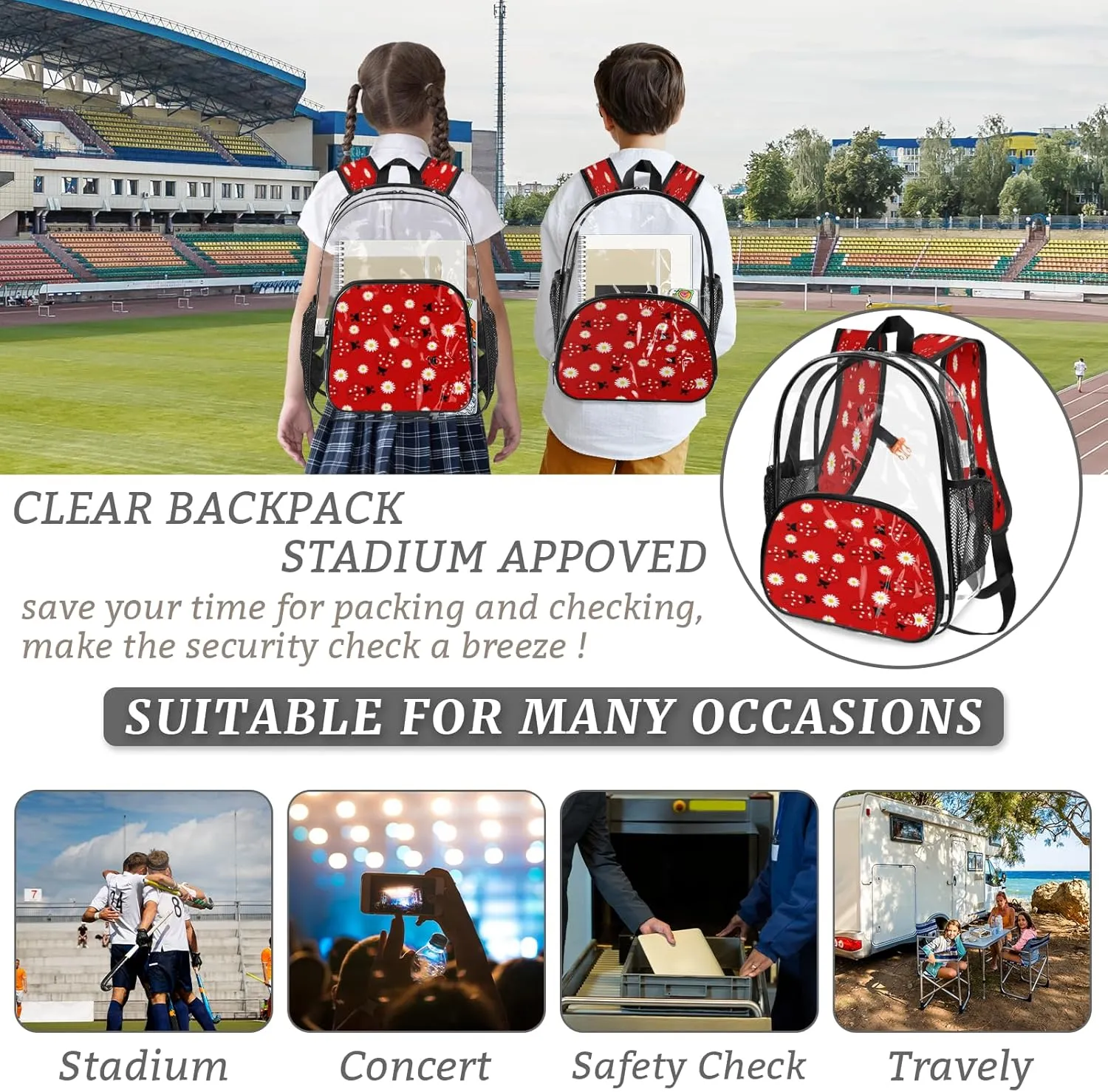 KOBLEN Daisy Red Bugs 17.1 Inch Clear Backpack, Heavy Duty Transparent PVC Daypack with Adjustable Padded Straps, Large Capacity Clear Bag for Festival, Concerts, Travel