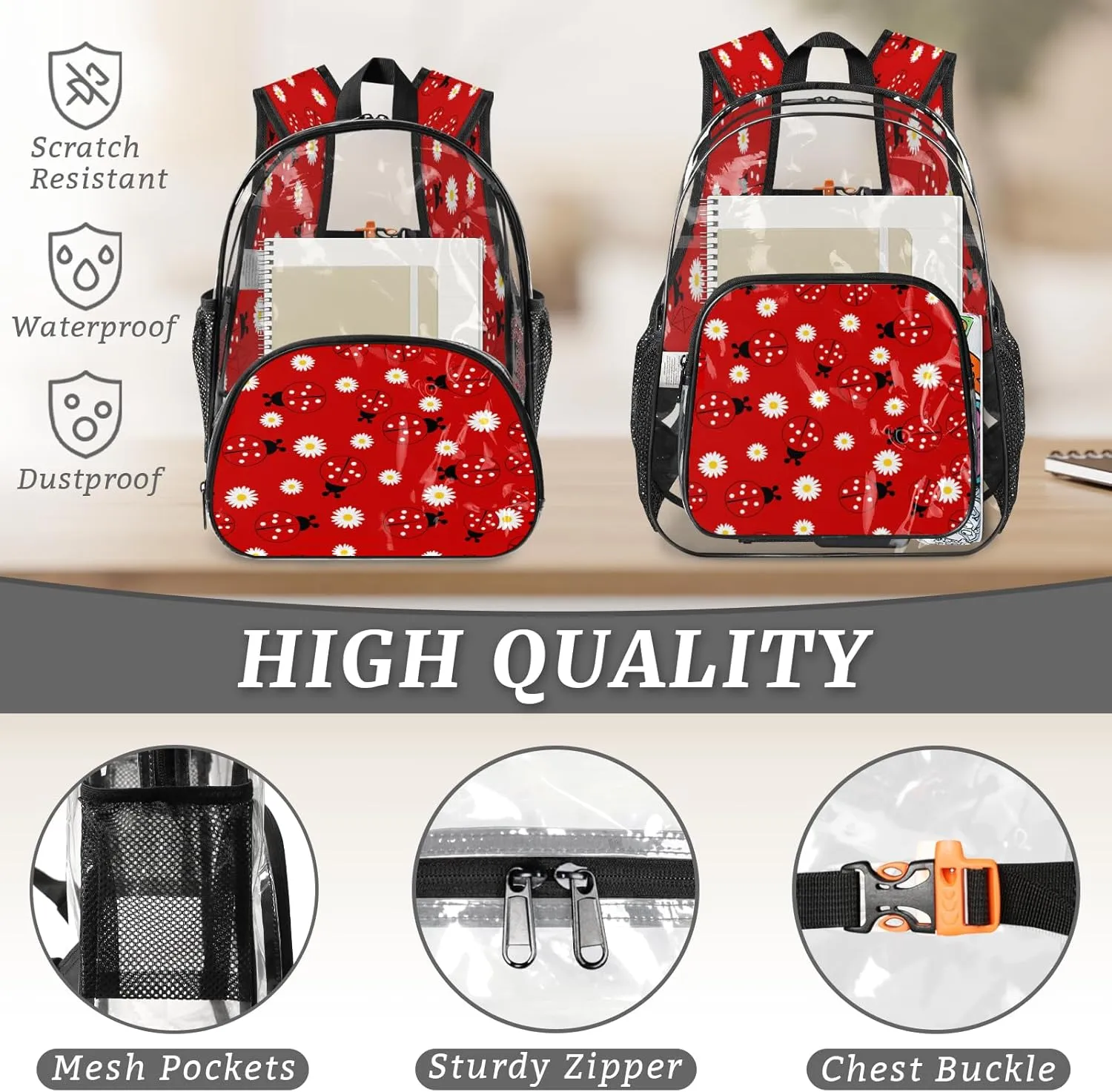 KOBLEN Daisy Red Bugs 17.1 Inch Clear Backpack, Heavy Duty Transparent PVC Daypack with Adjustable Padded Straps, Large Capacity Clear Bag for Festival, Concerts, Travel