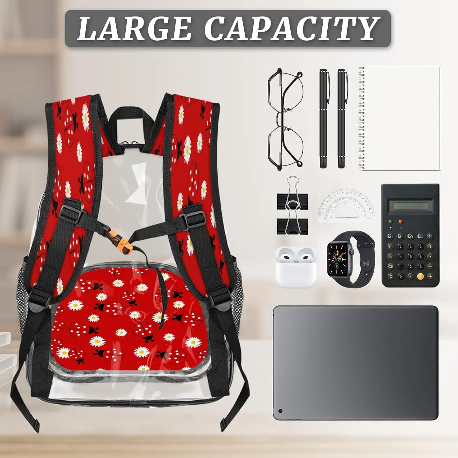 KOBLEN Daisy Red Bugs 17.1 Inch Clear Backpack, Heavy Duty Transparent PVC Daypack with Adjustable Padded Straps, Large Capacity Clear Bag for Festival, Concerts, Travel