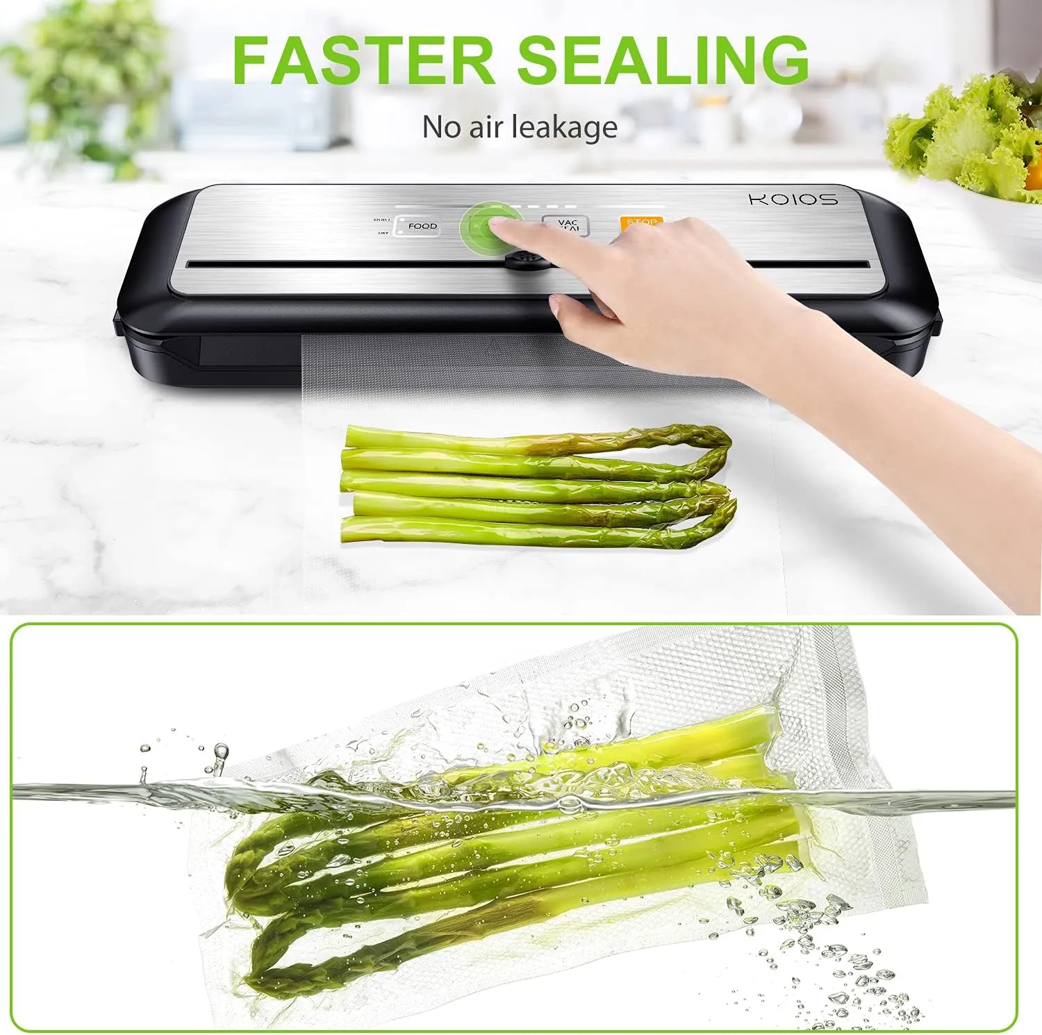 KOIOS Vacuum Sealer Machine, 90Kpa Automatic Food Sealer with Cutter, 8-in-1 Food Vacuum Machine, Pulse Function, Dry&Moist Modes, Compact Design, LED Indicator Lights, 10pcs bags included, Silver