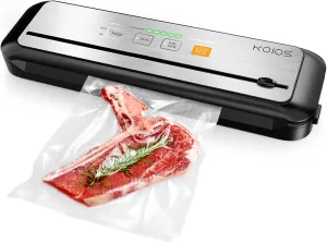 KOIOS Vacuum Sealer Machine, 90Kpa Automatic Food Sealer with Cutter, 8-in-1 Food Vacuum Machine, Pulse Function, Dry&Moist Modes, Compact Design, LED Indicator Lights, 10pcs bags included, Silver