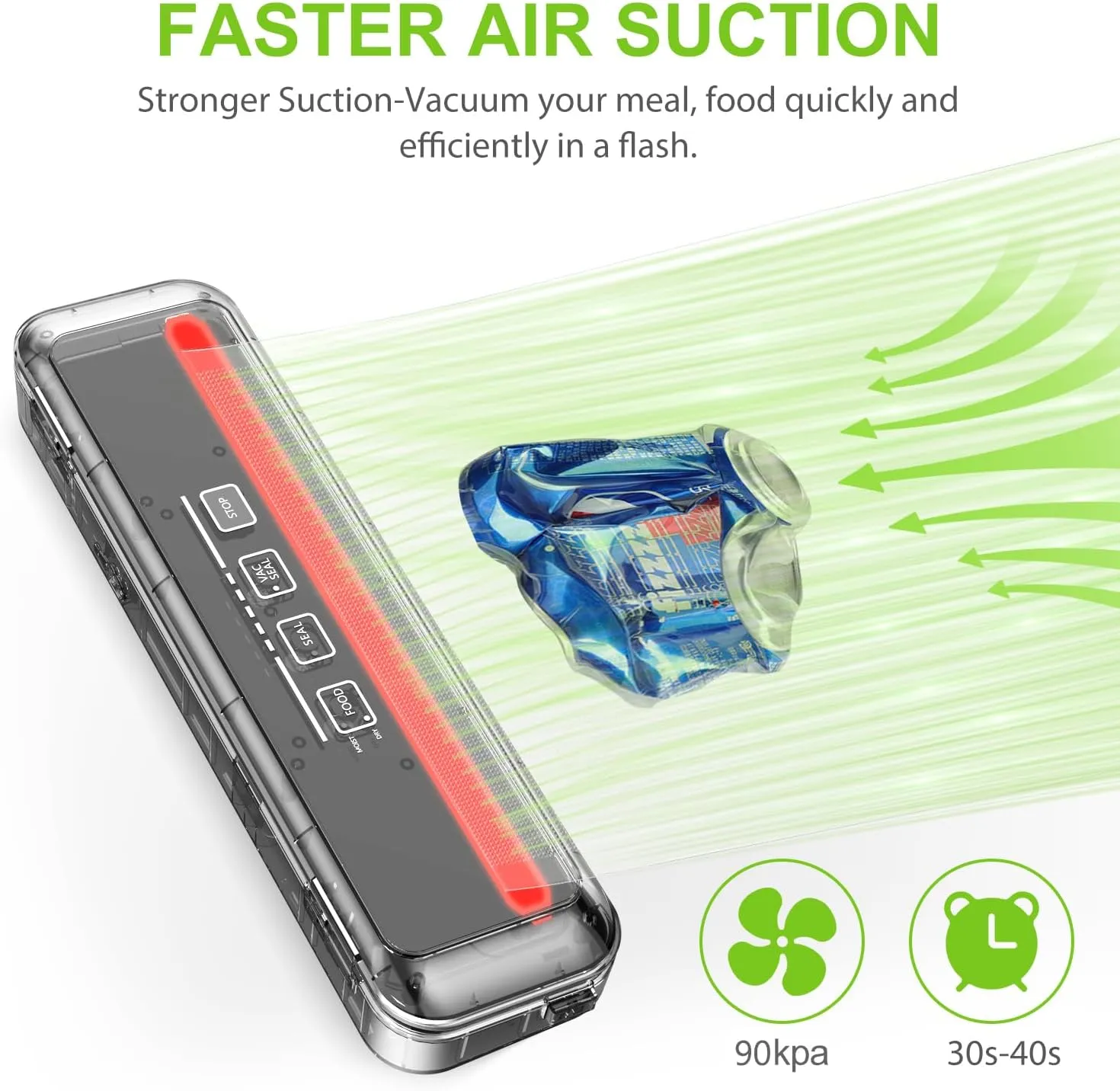 KOIOS Vacuum Sealer Machine, 90Kpa Automatic Food Sealer with Cutter, 8-in-1 Food Vacuum Machine, Pulse Function, Dry&Moist Modes, Compact Design, LED Indicator Lights, 10pcs bags included, Silver