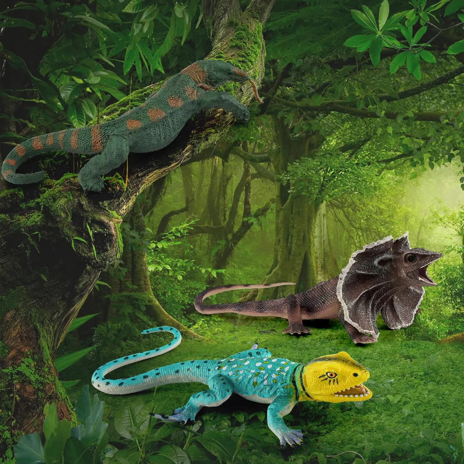 Komodo Dragon Figures Realistic Lizard Figures 3PCS Tropical Forest Animals Figurines Chameleon Toys School Project Model for Kids Toddlers Birthday Gift Cake Toppers