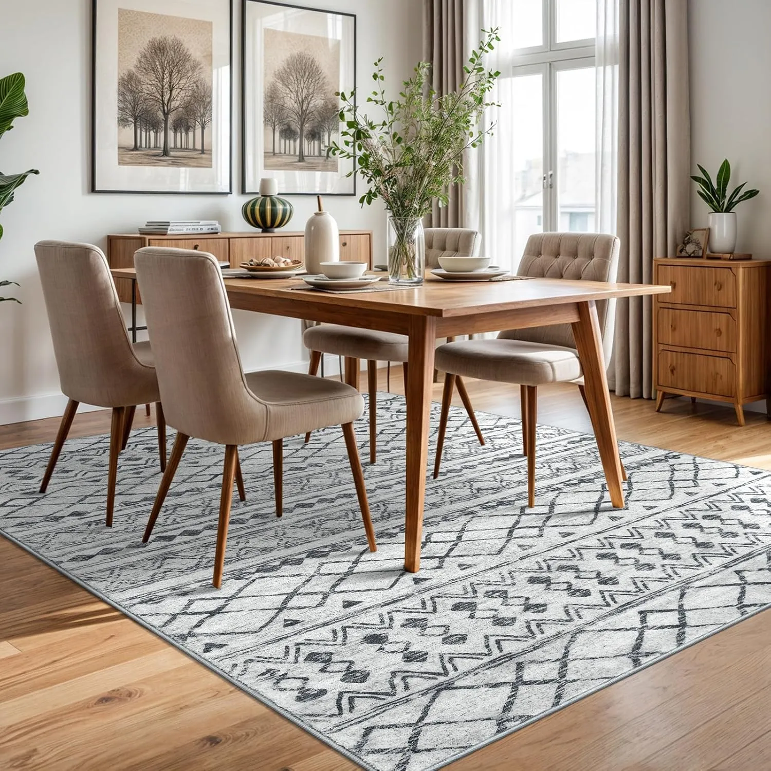 KUTA Area Rug 5x7 Grey, Washable Boho Large Living Room Moroccan Rugs Non-Slip, Ultra Soft Geometric Traditional Farmhouse Carpet for Dining Room Bedroom Dorm Office Home Décor
