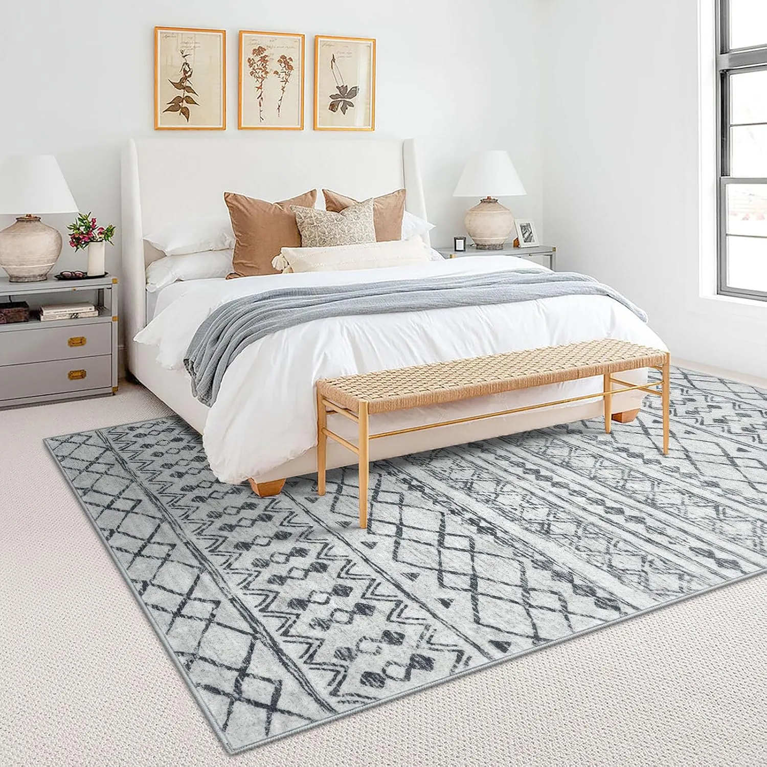 KUTA Area Rug 5x7 Grey, Washable Boho Large Living Room Moroccan Rugs Non-Slip, Ultra Soft Geometric Traditional Farmhouse Carpet for Dining Room Bedroom Dorm Office Home Décor