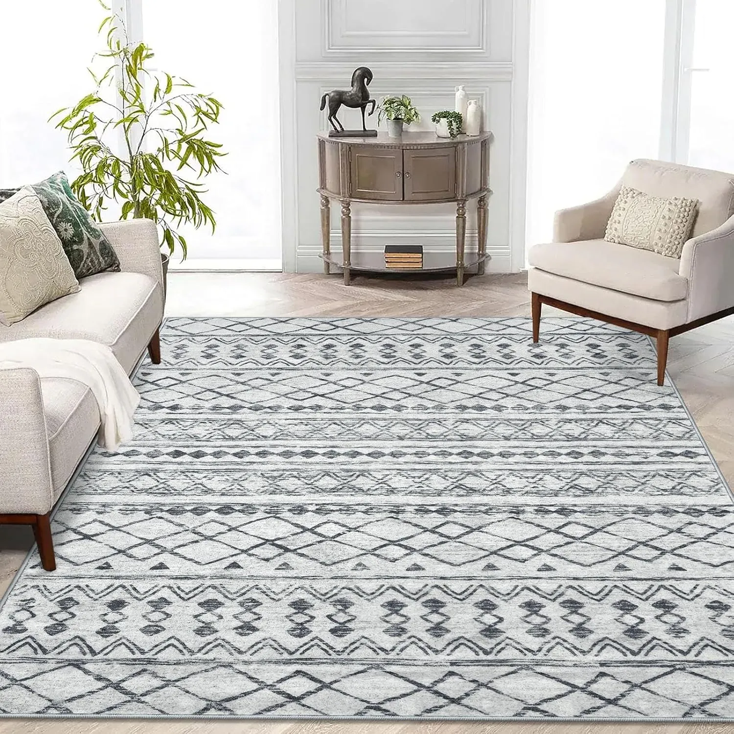 KUTA Area Rug 5x7 Grey, Washable Boho Large Living Room Moroccan Rugs Non-Slip, Ultra Soft Geometric Traditional Farmhouse Carpet for Dining Room Bedroom Dorm Office Home Décor