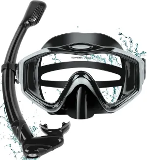 KUYOU Snorkeling Gear for Adults - 180° Wide View Snorkel Mask and Full Dry Top Snorkel Set for Snorkeling, Swimming, Training
