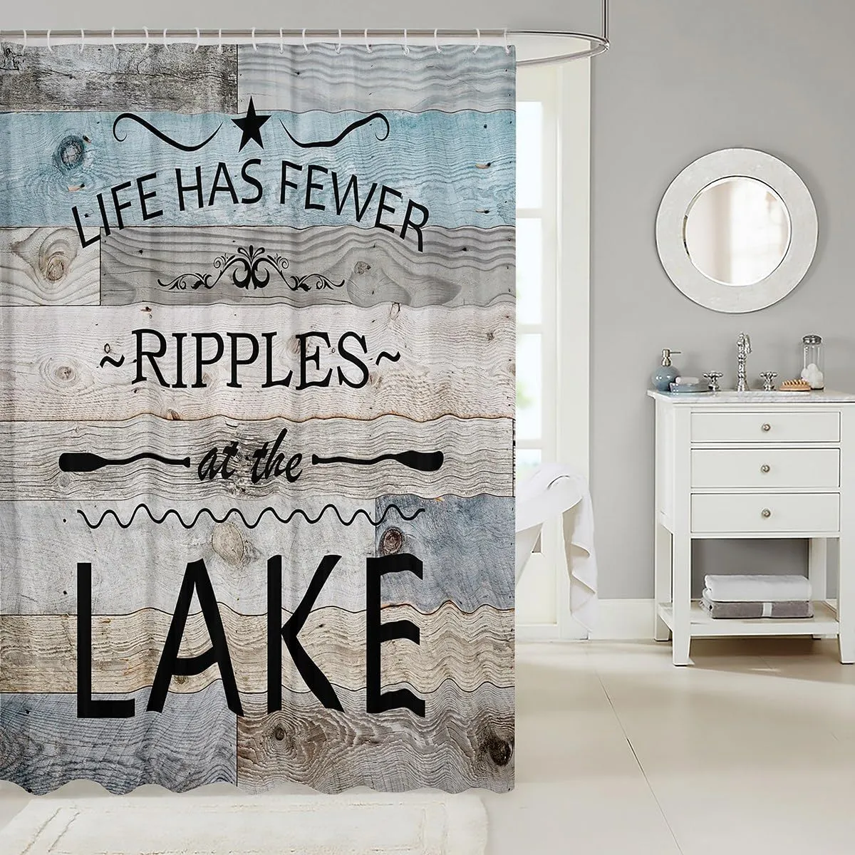 Lake Life Shower Curtain Panel,Inspirational Quotes Print Waterproof Fabric Bathroom Curtain,Lakeside Cabin Fishing Camping Teen Adult Home Decor with Hooks, 72Wx78L inch