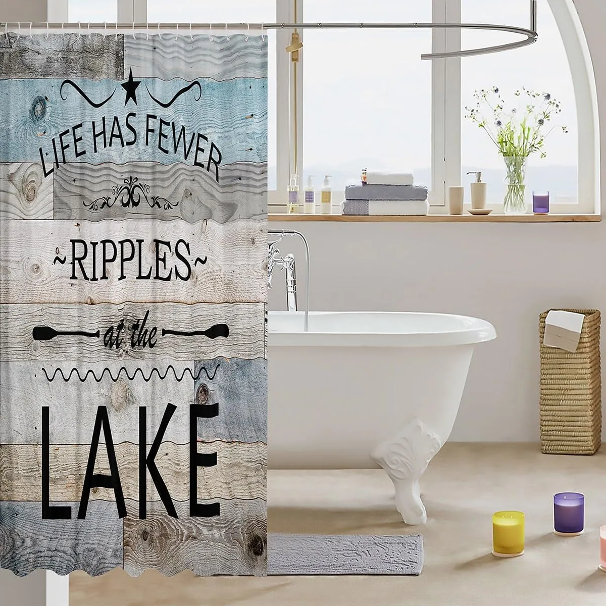 Lake Life Shower Curtain Panel,Inspirational Quotes Print Waterproof Fabric Bathroom Curtain,Lakeside Cabin Fishing Camping Teen Adult Home Decor with Hooks, 72Wx78L inch