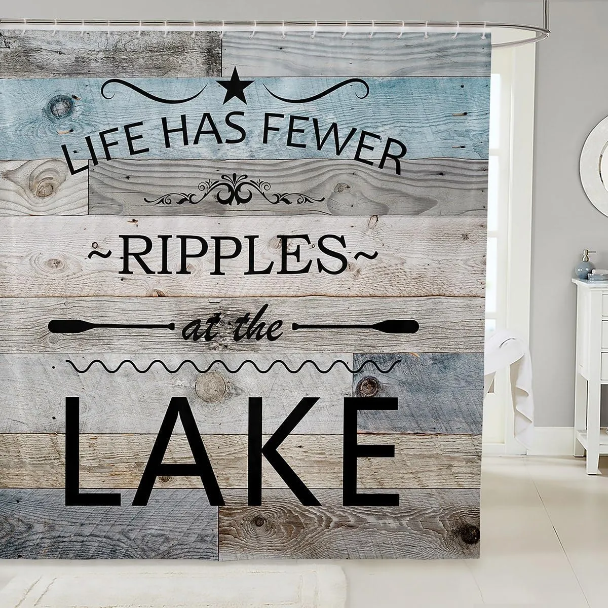 Lake Life Shower Curtain Panel,Inspirational Quotes Print Waterproof Fabric Bathroom Curtain,Lakeside Cabin Fishing Camping Teen Adult Home Decor with Hooks, 72Wx78L inch