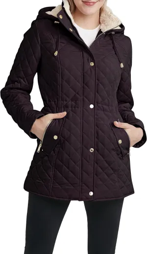 Laundry by Shelli Segal Women's 3/4 Quilted Faux Shearling Jacket with Hood
