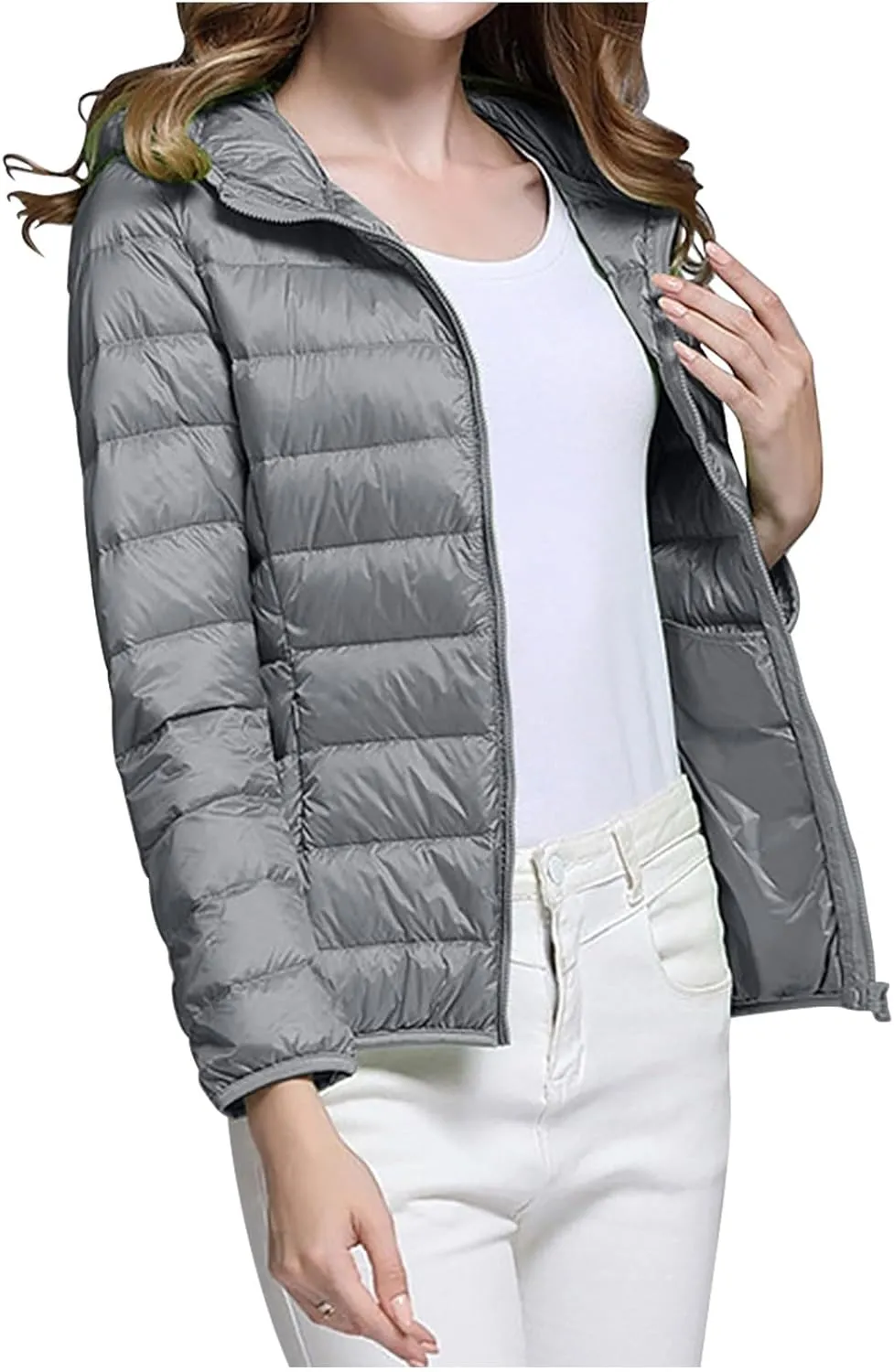 lcziwo Women's Winter Puffer Jacket Cropped Lightweight Zip up Hooded Quilted Jackets Water-Resistant Packable Winter Coat