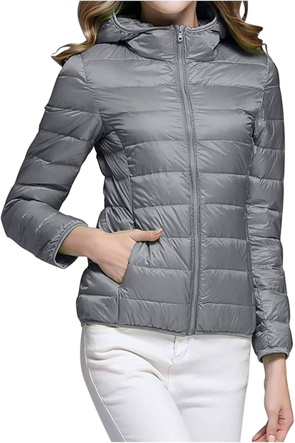lcziwo Women's Winter Puffer Jacket Cropped Lightweight Zip up Hooded Quilted Jackets Water-Resistant Packable Winter Coat
