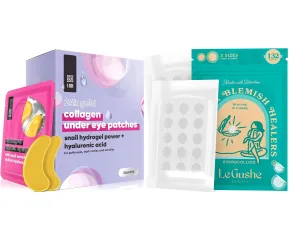 LE GUSHE Pimple Patches for Face (132 dots) & Under Eye Patches (30 Pairs). Gold Eye Mask with Collagen & Amino Acid, Cooling Eye Care for Wrinkles, Puffy Eyes & Dark Circles