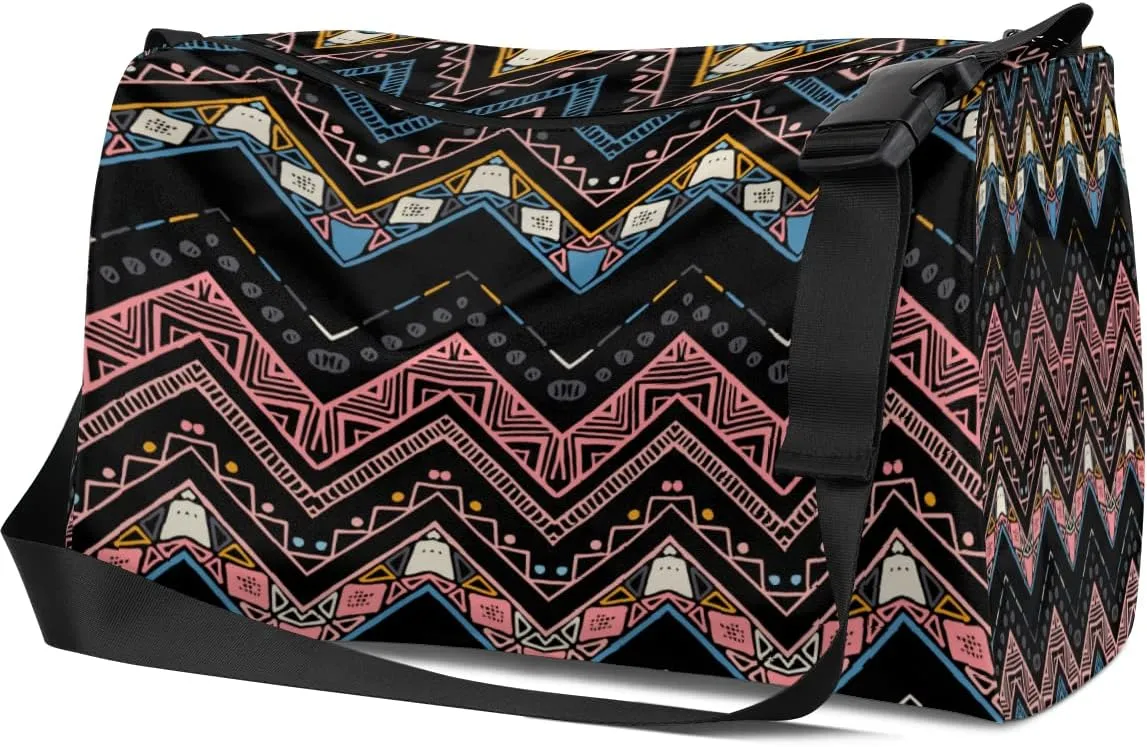 Leather Sport Gym Bag Seamless Geometric Curves Weekender Bag for Women and Men Carry On Bag Tribal Printing Travel Duffel Bag