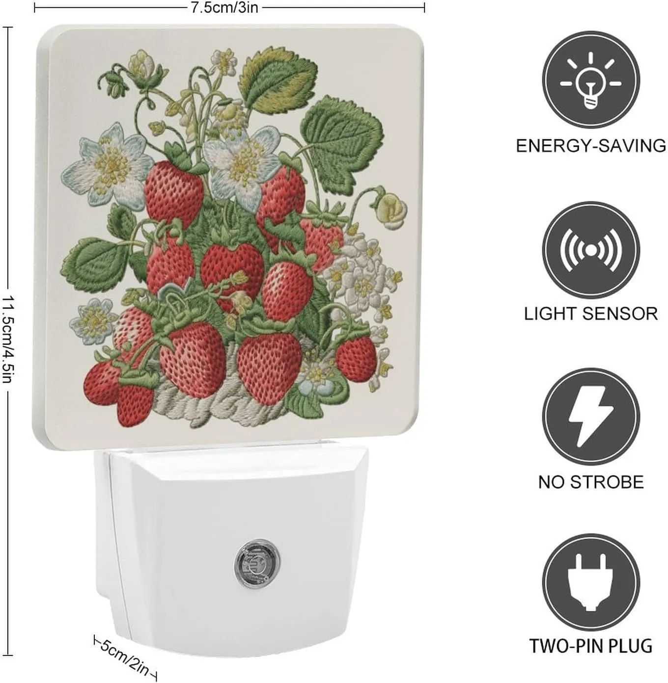 LED Energy Saving Plug in Night LightsStrawberry Embroidery Printed with Auto Dusk to Dawn Sensor for Bathroom, Hallway, Bedroom, Living Room