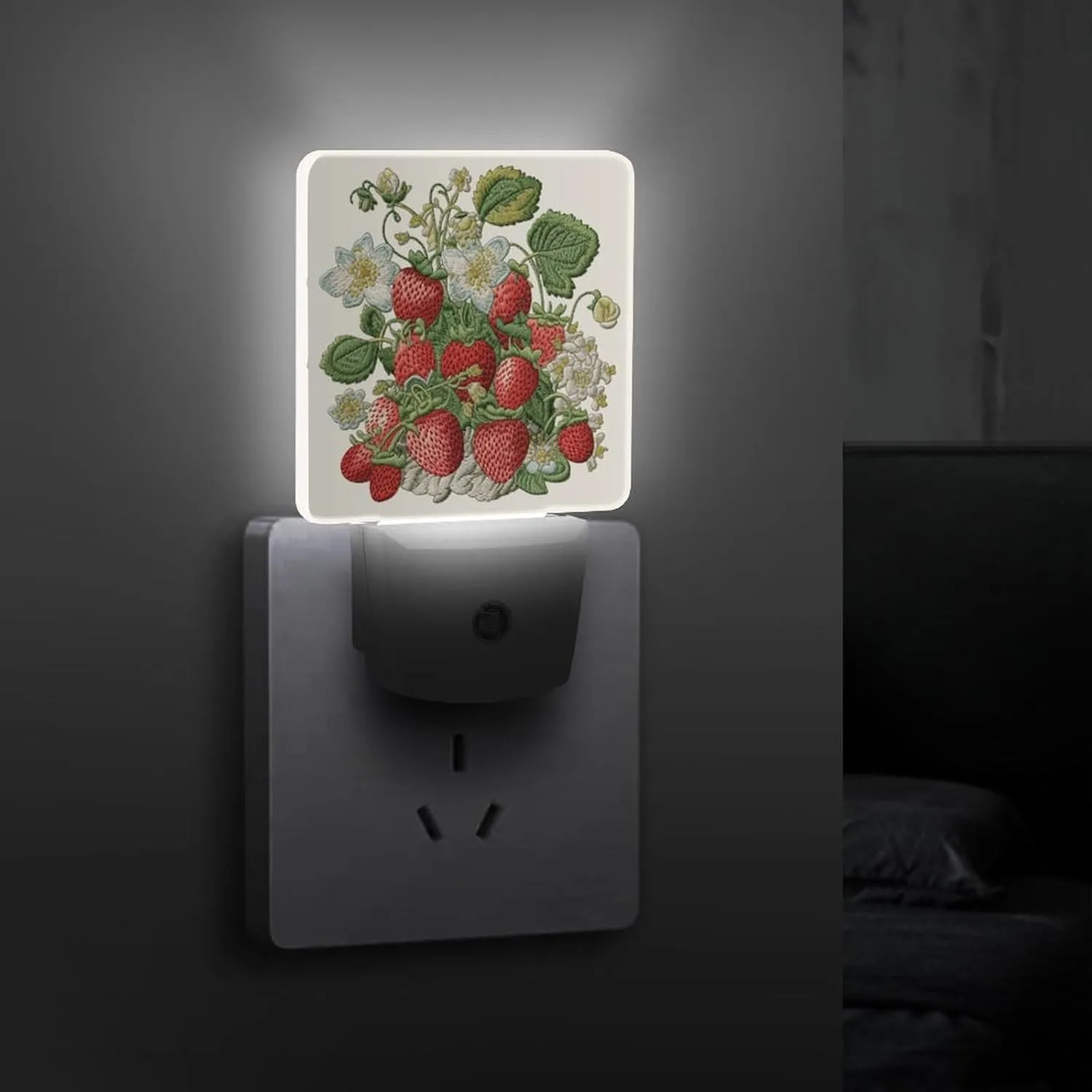 LED Energy Saving Plug in Night LightsStrawberry Embroidery Printed with Auto Dusk to Dawn Sensor for Bathroom, Hallway, Bedroom, Living Room