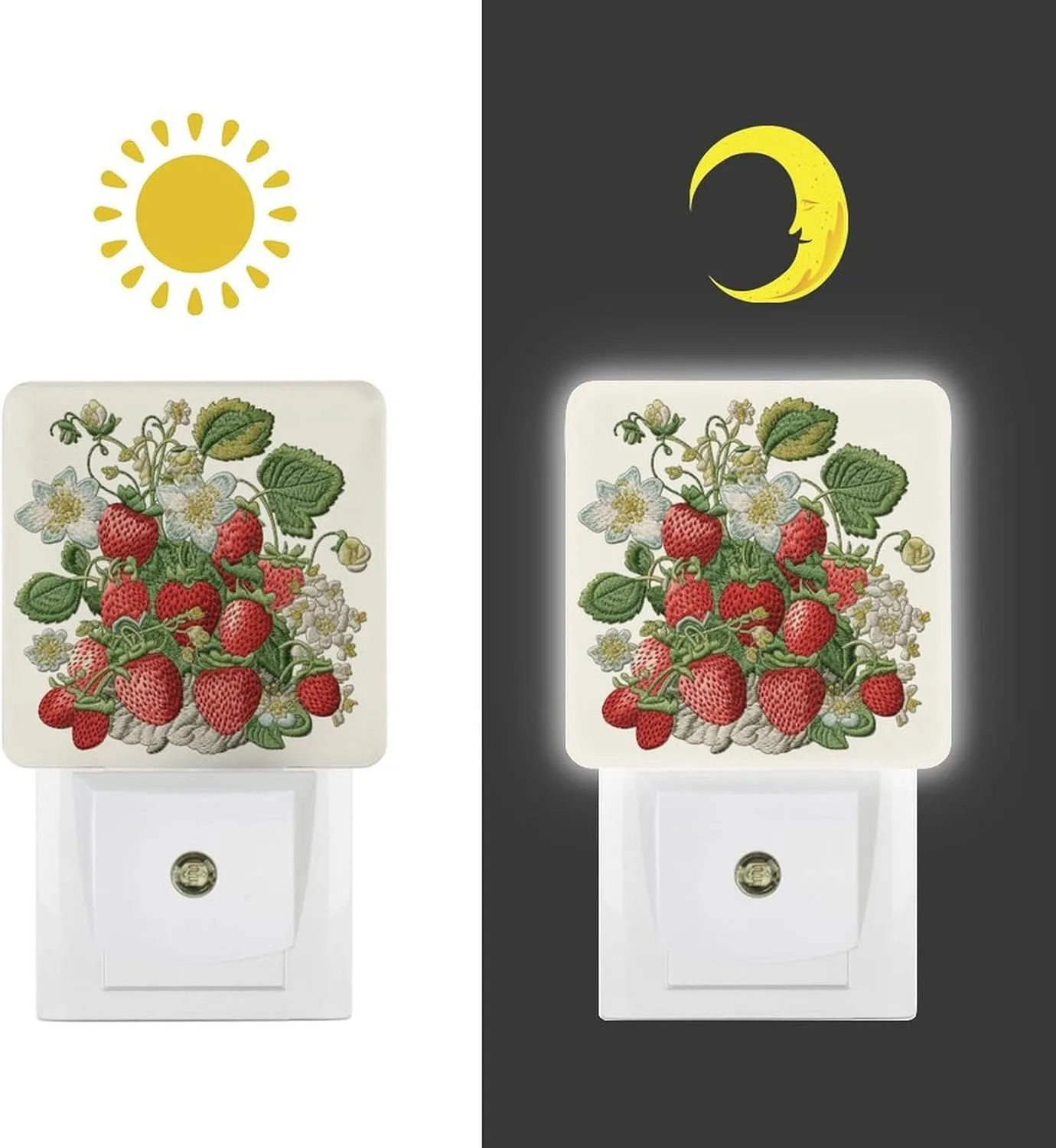 LED Energy Saving Plug in Night LightsStrawberry Embroidery Printed with Auto Dusk to Dawn Sensor for Bathroom, Hallway, Bedroom, Living Room
