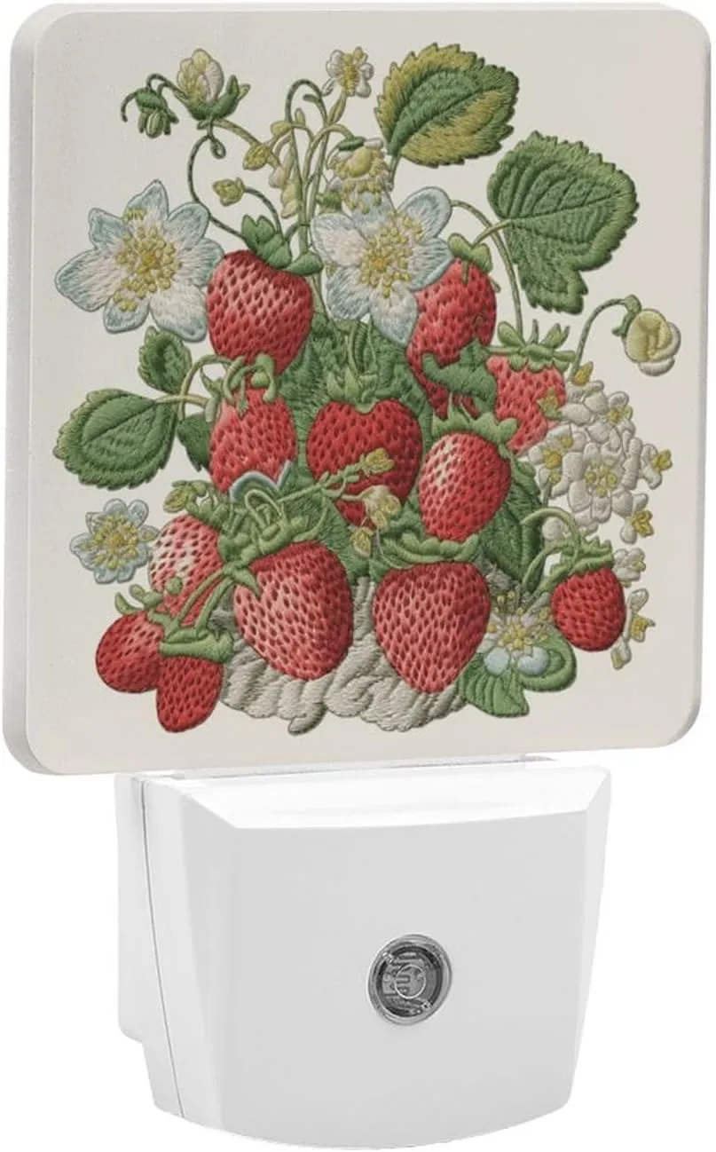 LED Energy Saving Plug in Night LightsStrawberry Embroidery Printed with Auto Dusk to Dawn Sensor for Bathroom, Hallway, Bedroom, Living Room